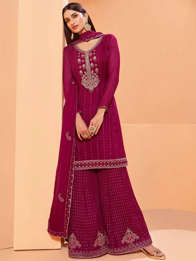 Gorgeous Magenta Sequins Work Georgette Party Wear Sharara Suit
